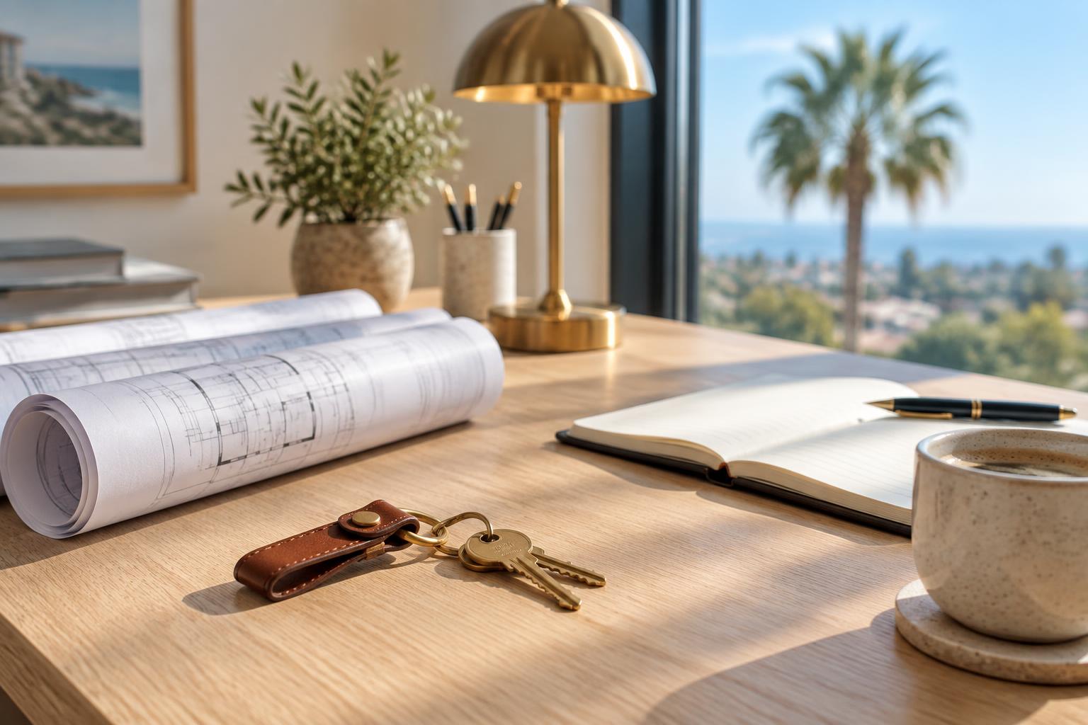 Keys, floor plans and paperwork on a desk in a sunlit office