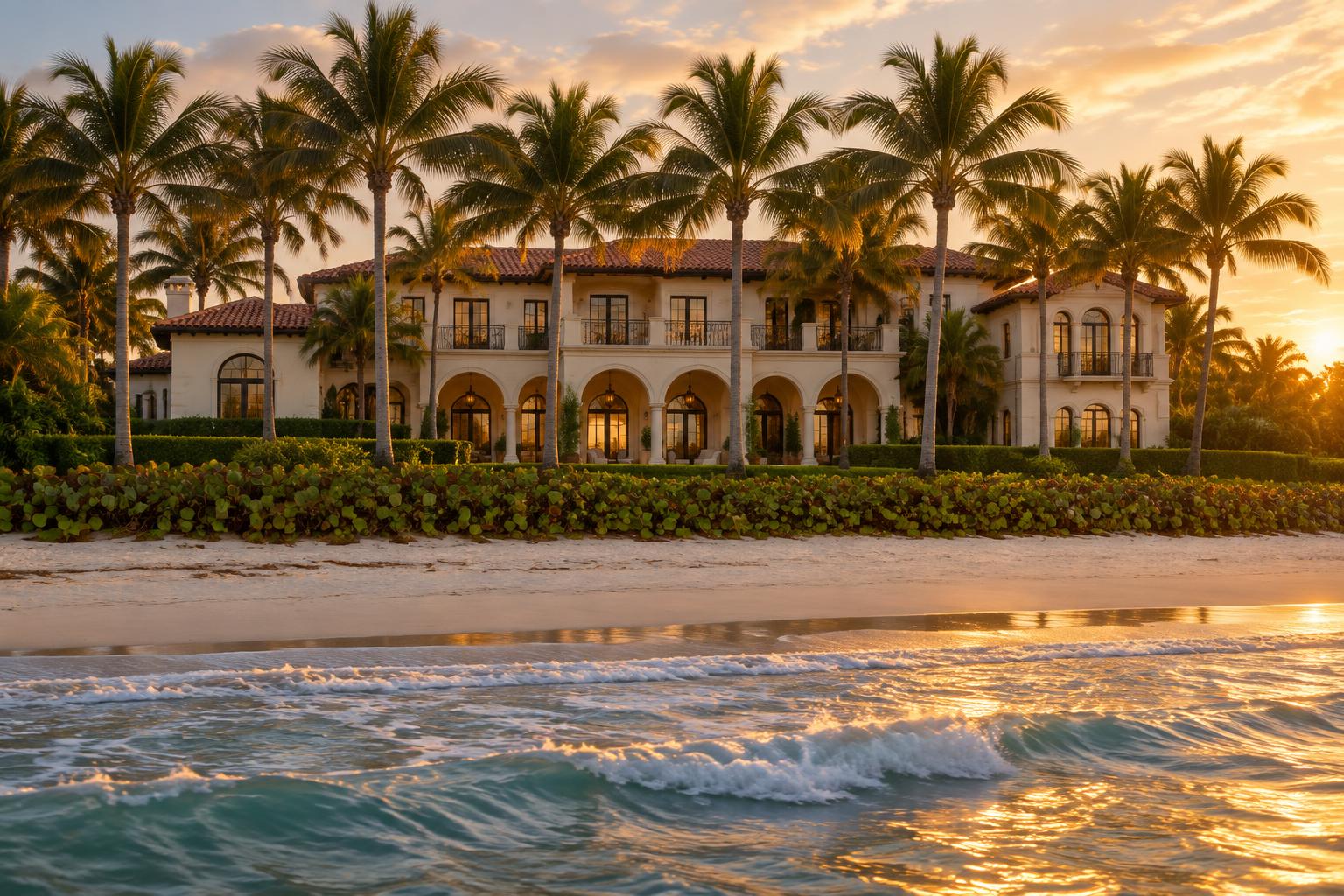 An oceanfront Palm Beach estate behind a row of royal palms at golden hour